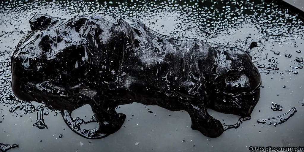 Image similar to the smooth black jaguar, made of smooth black goo, bathing in the black goo moat in the zoo exhibit, viscous, sticky, full of black goo, covered with black goo, splattered black goo, dripping black goo, dripping goo, splattered goo, sticky tar. photography, dslr, reflections, black goo, zoo, exhibit