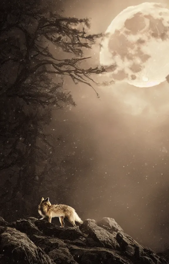 Image similar to a photograph of a wolf at full moon in a mountainous environment, full moon with fog and clouds, concept art, epic lighting, cinematographic