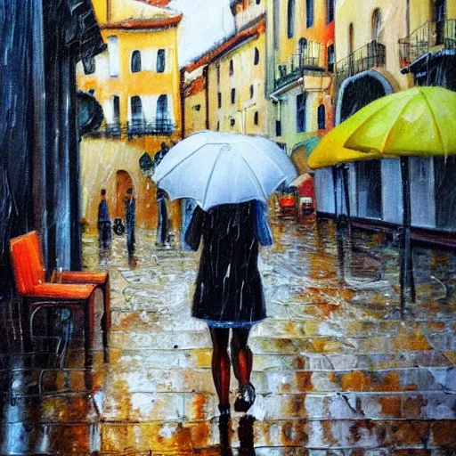 Image similar to drinking coffe in the rain, oil paiting, italian city