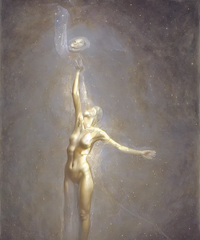 Prompt: Beautiful full-body wax sculpture of glowing transparent woman in glowing cloth with visible gold bones covered with melted white wax inside the singularity where stars becoming baroque folds of dark matter by Michelangelo da Caravaggio, Nicola Samori, William Blake, Alex Grey and Beksinski, dramatic volumetric lighting, highly detailed oil painting, 8k, masterpiece