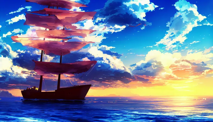 Prompt: one piece ship sailing, dynamic blue sky, storm sky, sun sunset, with blue light piercing through clouds, makoto shinkai, royal blue colors, lighting refraction, volumetric lighting, pixiv art, highly detailed, anime art, symmetrical, wlop, anime art