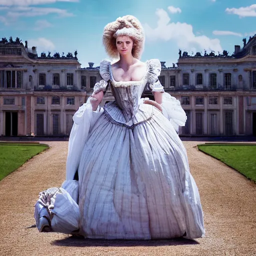 Image similar to marie antoinette walking in versailles, outdoor, sunny day, wow 4 k detail fantasy, matte painting, realistic materials, photo realistic, postprocessing, cinematic, hyperrealistic, studio lighting, ekaterina, the tudors, photography by richard jenkins