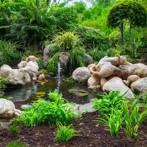 Image similar to popcorn boulders in a jungle landscape, koi pond on the ground