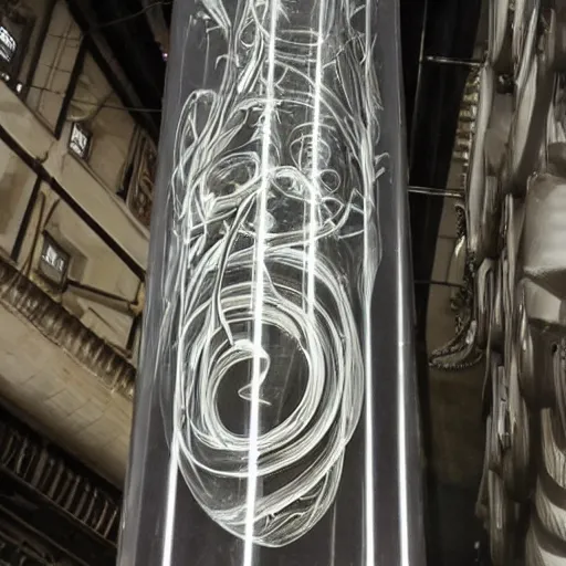 Prompt: An Enormous Glass Tube filled with Giger fluids, music notes