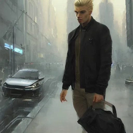 Prompt: masterpiece painting of a portrait of a clean shaven blonde Russian man, black jacket and short Hair in a modern city, featured in artstation, concept art by Greg Rutkowski, WLOP, Dan Mumford, Christophe Vacher