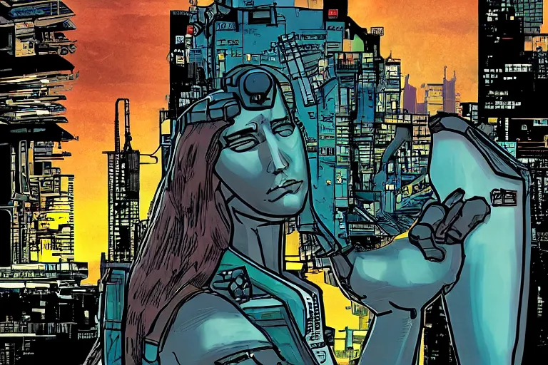 Image similar to comic book based on Monalisa overdrive by william gibson. cyberpunk aesthetic. Dirt machinery. Ultrarealistic.