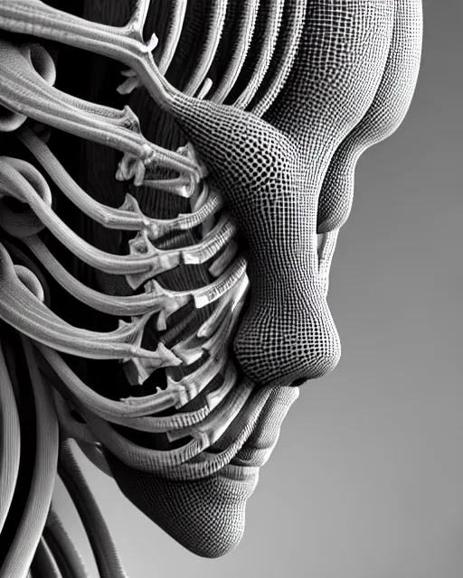 Image similar to mythical black and white organic biomechanical spinal ribbed face portrait detail of mechanical female vegetal-cyborg, highly detailed, intricate ornate, 3D render digital art, octane render, 8K artistic photography, photorealistic