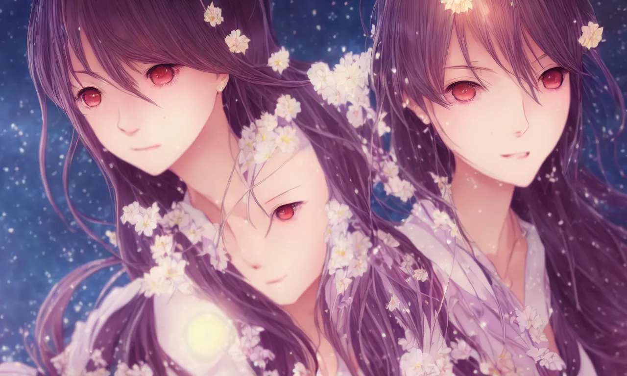 Image similar to portrait three beautiful anime girls wear coctail kimono closeup | | sunny night, full moon, dreamlike art, realistic shaded, smile, good looking, hyper details, 4 k realistic, cryengine, realistic shaded lighting poster by artgerm, ross tran, fuji choko, 8 k resolution, trending on artstation, luxury