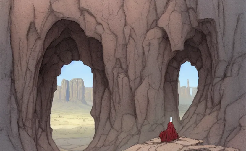 Image similar to a hyperrealist watercolor concept art of a medieval monk in grey robes in monument valley looking through a rock arch through a portal to an alien world. very muted colors, by rebecca guay, michael kaluta, charles vess. high detail, hq, wide shot, 4 k