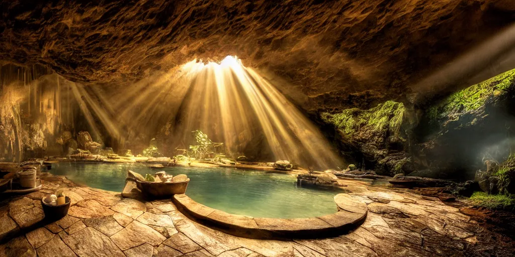 Prompt: detailed interior of cozy hotsprings hidden inside a cave, small waterfalls, lush vegetation, flowers, towels, plates of fruit, god rays, light shafts, stunning atmosphere, by Peter Mohrcacher, cinematic lighting