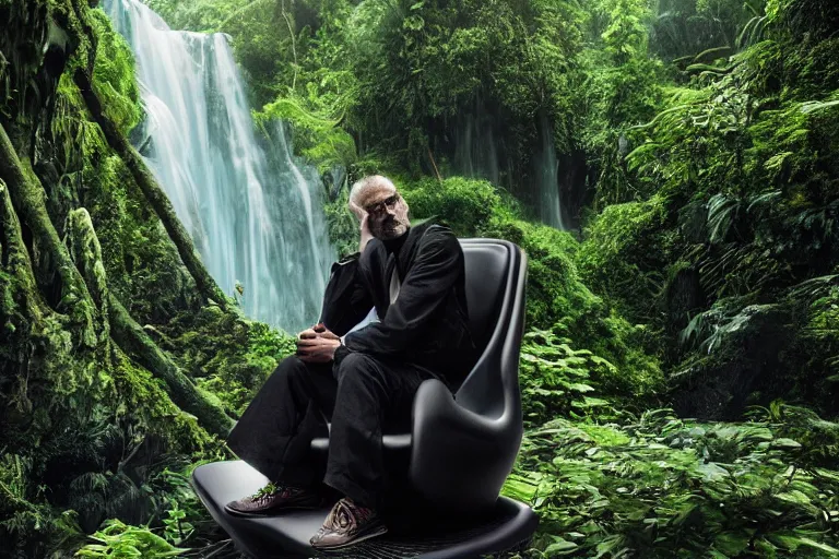 Image similar to movie closeup young man with a grey beard in a cyberpunk suit sitting on a futuristic chair at the edge of a jungle waterfall by emmanuel lubezki