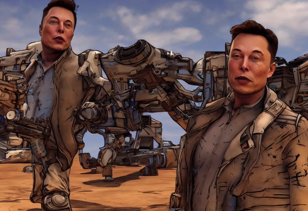 Image similar to elon musk in borderlands elon musk in the video game borderlands, gameplay screenshot, close up, 3 d rendering. unreal engine. amazing likeness. very detailed.