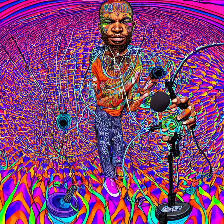 Prompt: rapping on stage at festival, holding microphone, giant crowd, epic angle, profile view, psychedelic hip hop, illustrated by Alex Grey