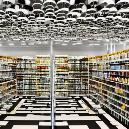 Prompt: ikea store design product aisles labyrinth optical illusion designed by architect mc escher