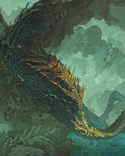 Image similar to a giant slumbering sleeping green dragon, digital art, illustrated by james gurney and victo ngai