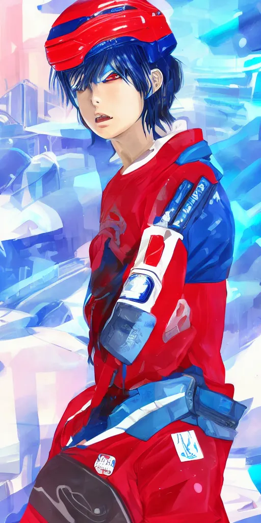 Prompt: female akira anime cyberpunk super star ice hockey player, wearing a light futuristic habs jersey, blue white and red color blocking, character concept exploration, outfit designs, trending on artstation, photorealistic, 8k