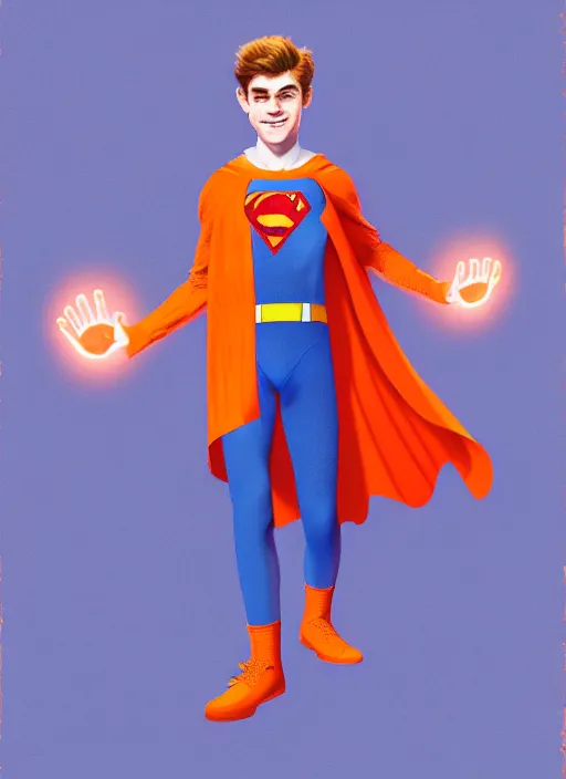 Image similar to friendly teenage archie andrews wearing an orange superhero costume with heart logo, heart, freckles, blue cape, heart emblem on chest, blue cape, intricate, elegant, glowing lights, highly detailed, digital painting, artstation, sharp focus, illustration, art by wlop, mars ravelo and greg rutkowski