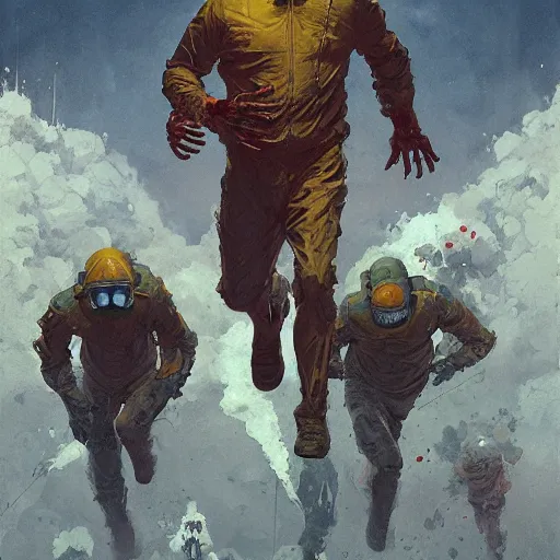 Prompt: cinematic keyframe [ man in hazmat suit running from zombie horde ] by manchess, victo ngai, disco elysium, j. c. leyendecker, greg rutkowski, artem