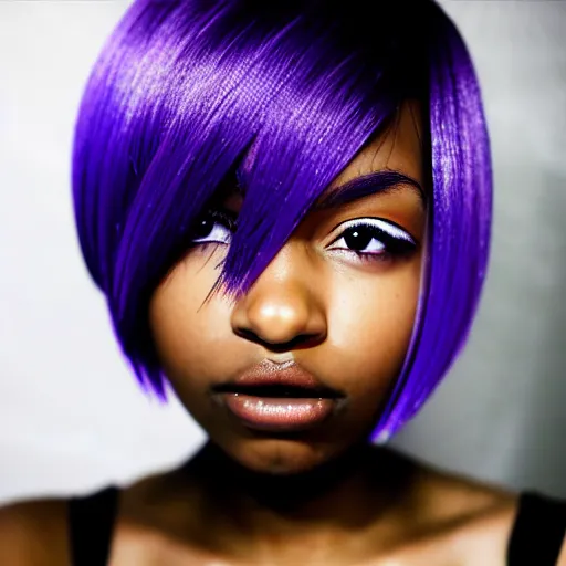 Image similar to black anime manga girl, wearing camo, purple eyes, white french bob