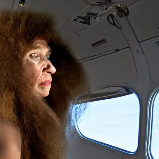 Image similar to photo of neanderthal cavewoman sitting in an airplane