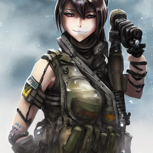 Prompt: anime beautiful female soldier, full round face, full body, post apocalyptic setting, futuristic, medium shot, mid-shot, highly detailed, trending on Artstation