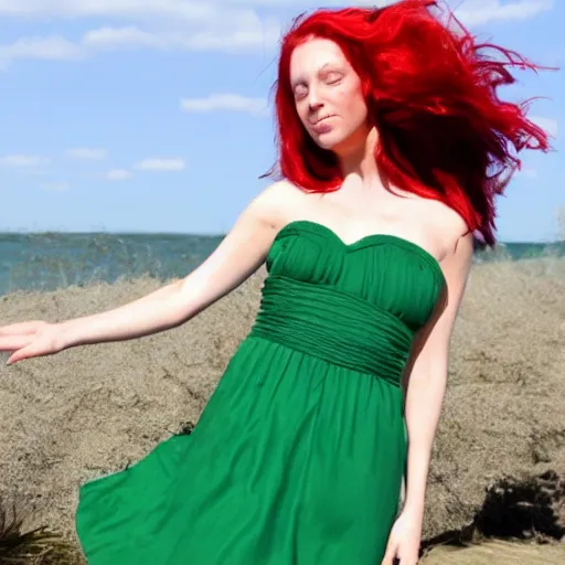 Prompt: beautiful green eyed goddess with red hair and fair skin wearing a thin green strapless sundress blowing in the wind on a sunny day