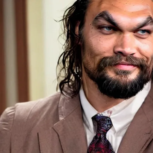 Prompt: a still image of jason momoa as mr. rogers