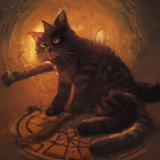 Prompt: Cat Witch, Anthropomorphized, casting evil spell, magic the gathering artwork, D&D, fantasy, centered, symmetrical, highly detailed, artstation, concept art, sharp focus, 8k, art by Akihiko Yoshida and Greg Rutkowski and Craig Mullins, oil painting