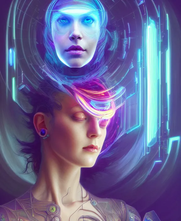 Image similar to a whirlwind of souls rushing inside the metaverse, hologram, half body, neurochip, shaved temple, piercing, jewelry, android, cyborg, cyberpunk face, by loish, d & d, fantasy, intricate, elegant, highly detailed, colorful, digital painting, artstation, concept art, art by artgerm and greg rutkowski and alphonse mucha