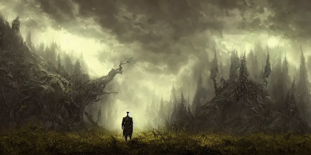 Prompt: a dark strong skull wizard dominates the forest, middle age, fantasy, ominous sky, Matte Painting, evening, Craig Mullins