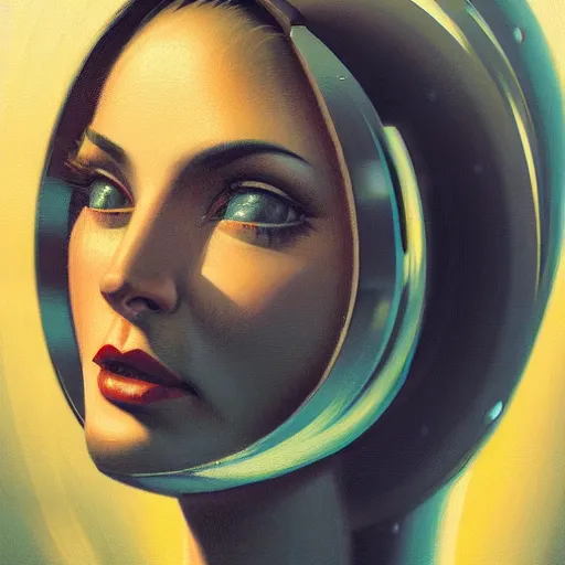 Prompt: detailed face of a woman, clockwork, moment, tectonic sky, skydome, bullet train, jets, turbines, utopian, tech noir, wet reflections, prism, atmospheric, ambient, pj crook, syd mead, livia prima, greg rutkowski, edward hopper