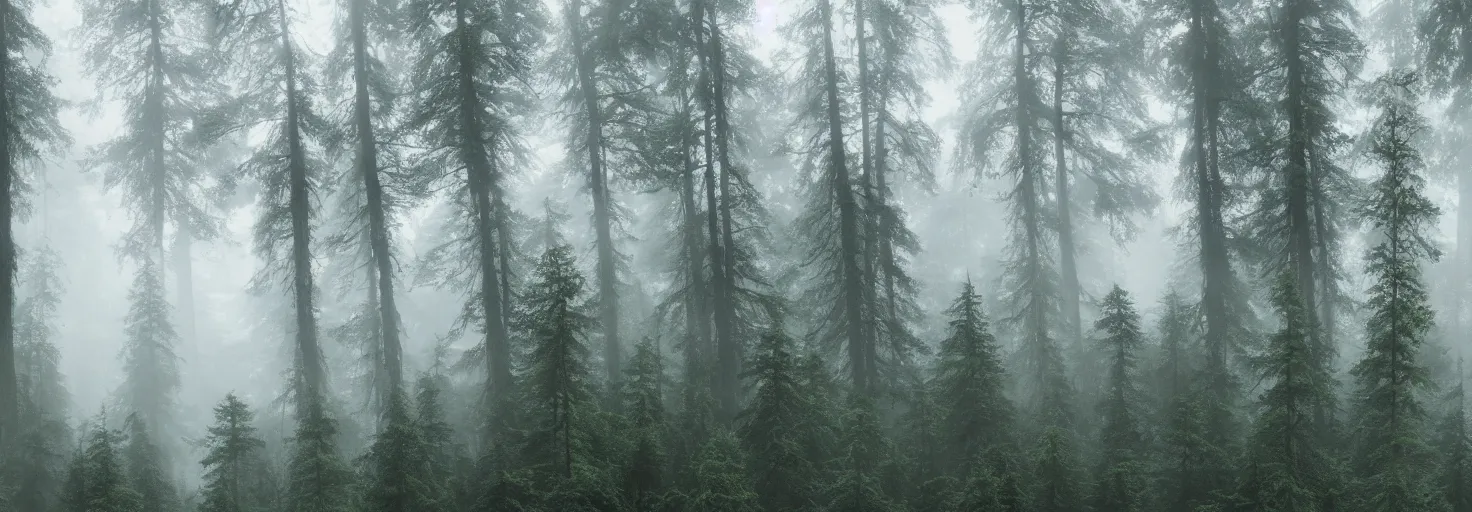 Prompt: A forest shot by high angle with big trees and fog by paul chadeisson, cinematic lighting, extremely detailed, ultra realistic, trending on artstation, 8K