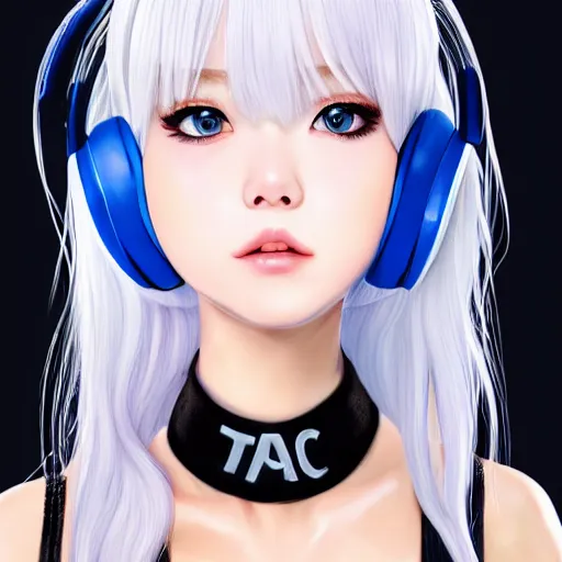 Image similar to realistic teasing detailed semirealism beautiful gorgeous cute Blackpink Lalisa Manoban white hair white cat ears blue eyes, wearing black camisole outfit, headphones, black leather choker full HD 4K high resolution quality WLOP, Aztodio, Taejune Kim, Guweiz, Pixiv, Instagram, Artstation