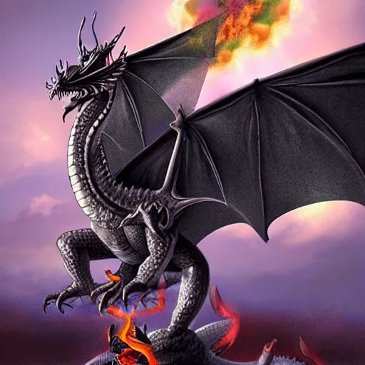 Prompt: realistic flying dragon with knight riding it, dragon spits fire out his mouth, set background to black