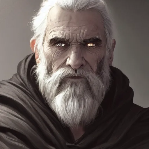 Prompt: old male archmage, headshot, portrait, large bushy eyebrows, piercing gaze, black robes, short white beard, short white hair, D&D, fantasy, intricate, elegant, highly detailed, digital painting, artstation, concept art, smooth, sharp focus, illustration, art by artgerm and greg rutkowski and alphonse mucha