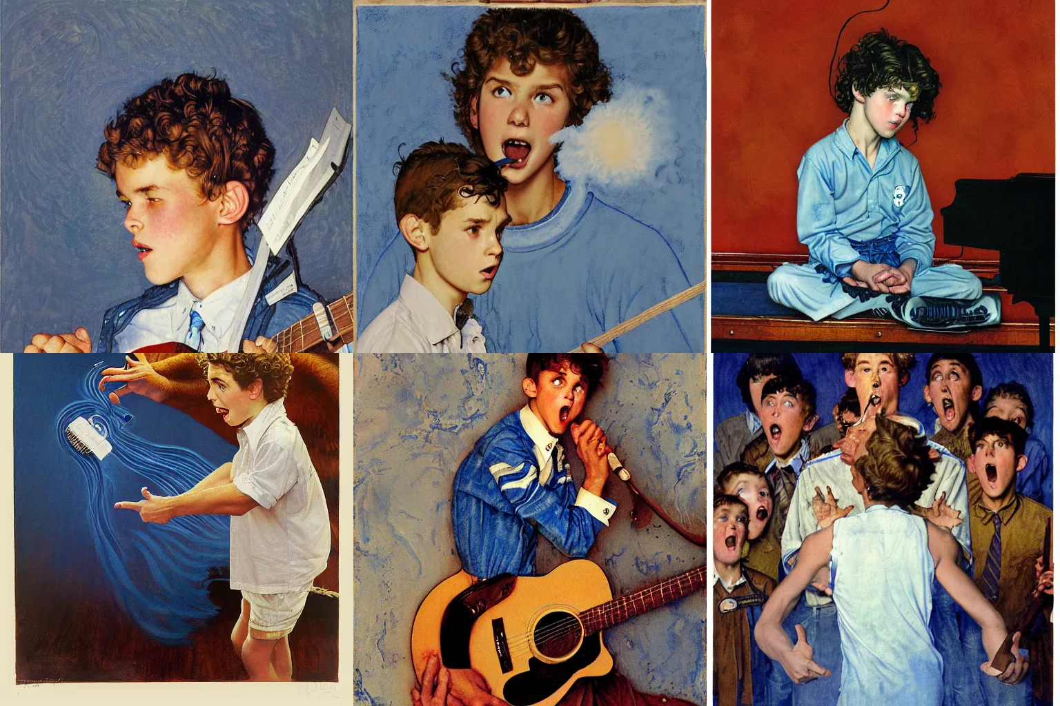 Prompt: a handsome teenage boy with sandy curly brown hair and blue eyes with a blue and white color scheme engaged in a a singing contest against a demon with his soul on the line. By Norman Rockwell, James Jean