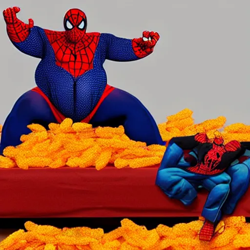 Prompt: morbidly obese spiderman laying on a giant bed of cheetos, 7 0 mm, super high resolution, award winning