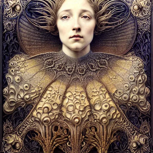 Image similar to detailed realistic beautiful young medieval queen face portrait by jean delville, gustave dore, iris van herpen and marco mazzoni, art forms of nature by ernst haeckel, art nouveau, symbolist, visionary, gothic, pre - raphaelite, horizontal symmetry, fractal lace, realistic ornate gilded medieval icon