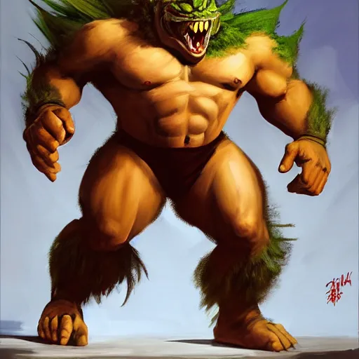 Image similar to greg manchess portrait painting of partially armored blanka from street fighter as overwatch character, medium shot, asymmetrical, profile picture, organic painting, sunny day, matte painting, bold shapes, hard edges, street art, trending on artstation, by huang guangjian and gil elvgren and gerald brom