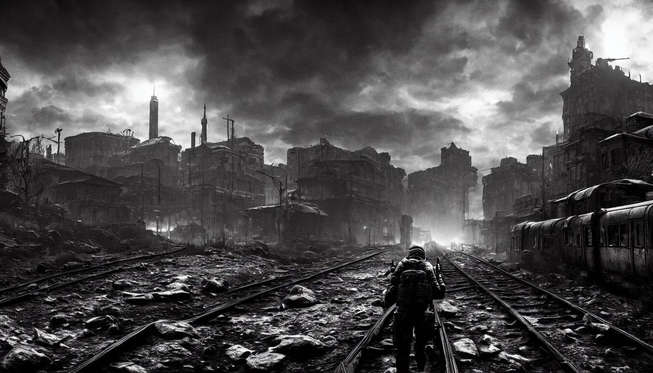 Image similar to metro exodus style, city in the horizon, dark, atmospheric, scary, claustrophobic, ambient vibe, very detailed, black and white, 4 k