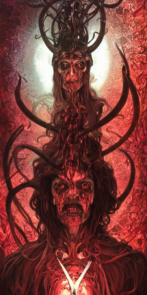 Image similar to intense glowing angry pagan god with tentacles and horns and intense pure black eyes and a blood skull in very dark chrome metal cathedral by karol bak and alphonse mucha and beksinski, portrait, fantasy, clear, light beams, lens flare, intense, uhd, amazing depth, cinematic lighting, shining chrome and black and red