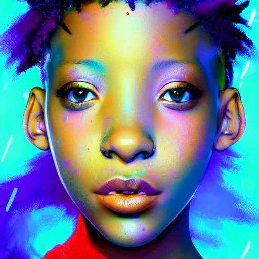 Image similar to a digital painting of willow smith in the rain with blue hair, cute - fine - face, pretty face, cyberpunk art by sim sa - jeong, cgsociety, synchromism, detailed painting, glowing neon, digital illustration, perfect face, extremely fine details, realistic shaded lighting, dynamic colorful background