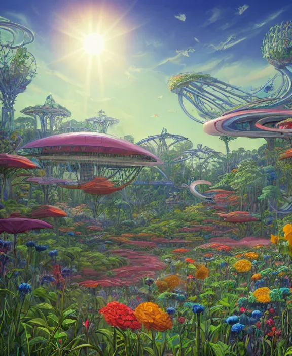 Prompt: simplicity, elegance, an amusement park made out of bizarre organic creatures, in the style of a streamlined asymmetrical spaceship, overgrown with flowers, partly cloudy, sun - drenched, by dan mumford, yusuke murata, makoto shinkai, ross tran, cinematic, unreal engine, cel shaded, featured on artstation, pixiv