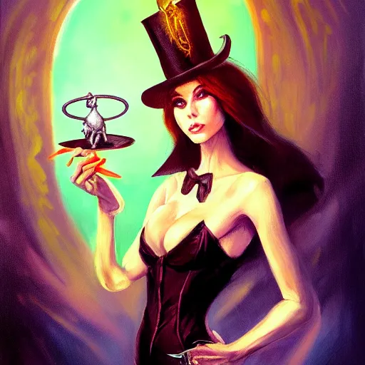 Image similar to oil painting of a rabbit dressed like a female magician holding a magic wand and a top hat, urban fantasy art by seb mckinnon, artstation npc character design, top - rated