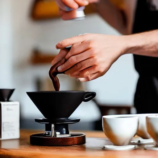 Prompt: barista pours hot hand-made coffee into a cup hario