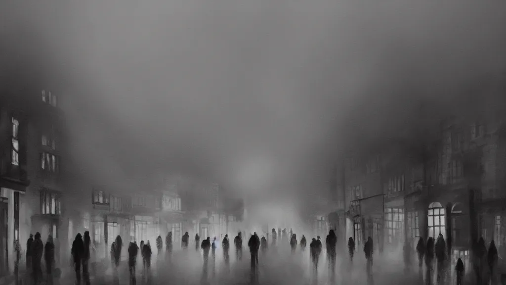 Image similar to a black sphere with glowing edges over old town with houses in the windows of which the light is on and a crowd of people on street. early morning, fog on ground, wet street. mike barr painting. volumetric light, dull colors, dark, noir arthouse, 3 5 mm, hight detalied, hd, 4 k