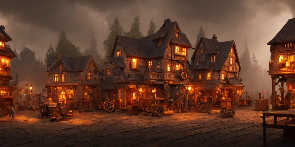 Image similar to a small steampunk wooden village, rich, soft colours, natural, steam, big clocks, concept art, octane render, unreal engine, in the style of luca guadagnino, highly detailed, high quality, artstation, digital art, 8 k hdr, cinematic, dramatic lighting, scenic, rich colour scheme