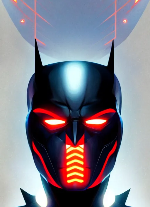 Image similar to symmetry!! portrait of batman beyond, sci - fi, tech wear, glowing lights!! intricate, elegant, highly detailed, digital painting, artstation, concept art, smooth, sharp focus, illustration, art by artgerm and greg rutkowski and alphonse mucha