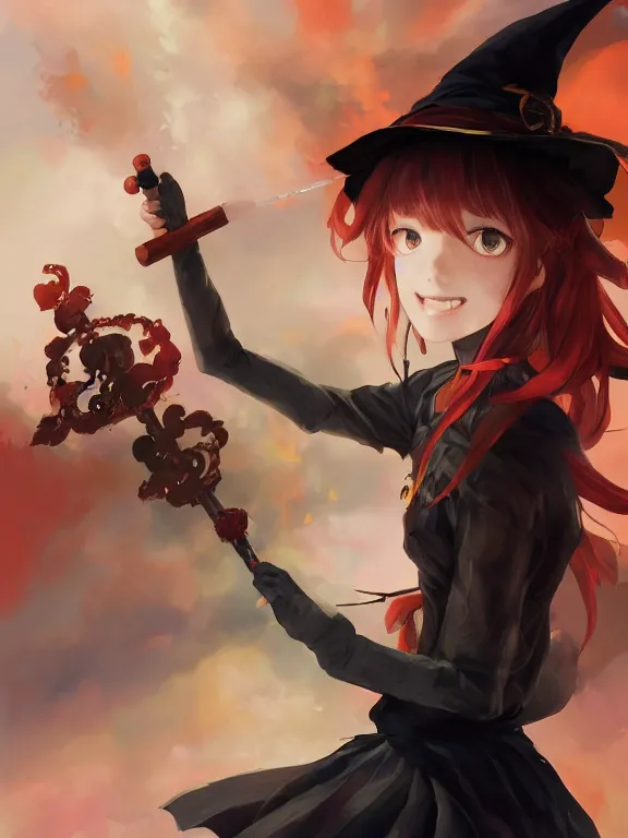 Prompt: Full shot of a cute mischievous young witch Megumin waving her magical staff. Latin inspired fashion. Black and Orange palette. Mixed race, red eyes. By Ruan Jia and Artgerm and Range Murata and WLOP and CLAMP and Loish. Key Art. Fantasy Illustration. award winning, Artstation, intricate details, realistic, Hyperdetailed, 8k resolution.