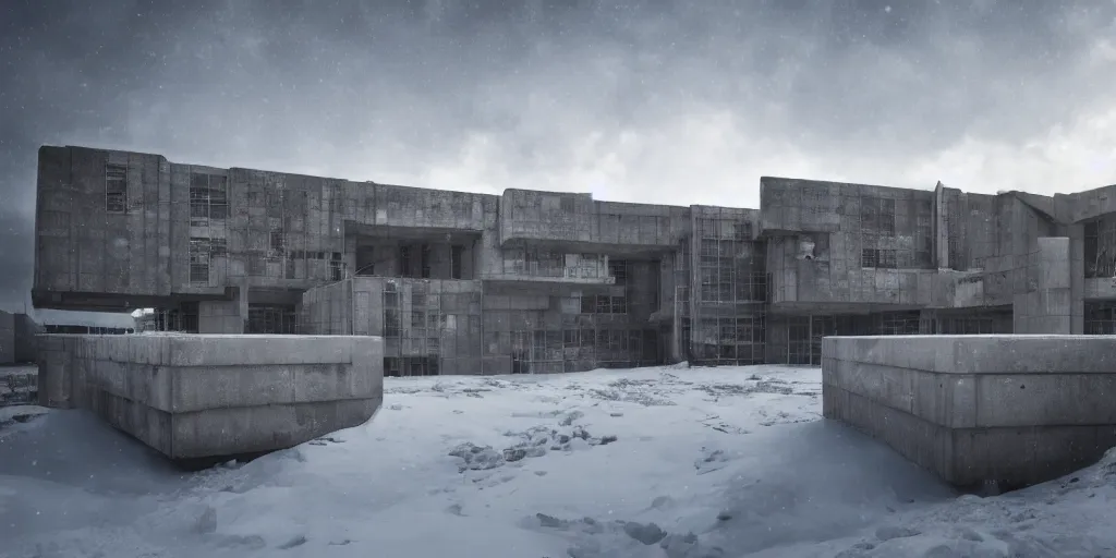 Image similar to brutalist architecture, trending on artstation, 4 k, tyndall effect, snow day ， cinematic ， ultra wide angle